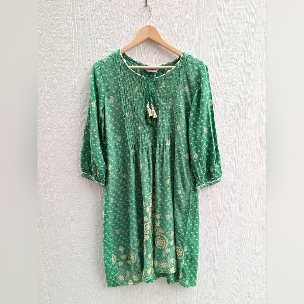 BIBA Green Boho Tassel Tie Indian Flowy Dress Women's Size 38